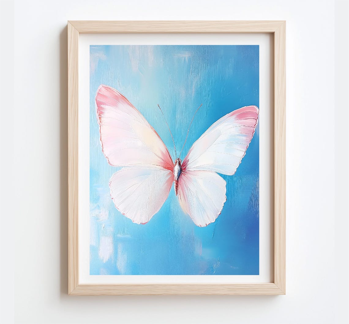 Pink And White Butterfly On Blue Background Nature Art Poster - Image 2