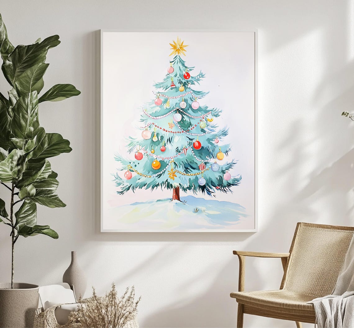 Retro Christmas Tree With Colorful Ornaments Watercolor Art Poster - Image 2