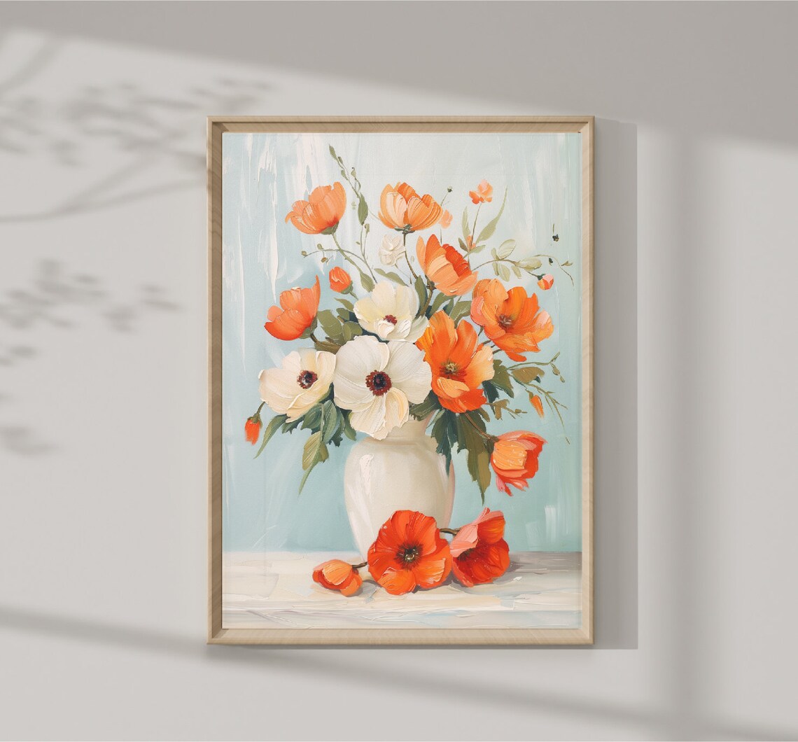 Orange Poppies White Anemones Bouquet Vase Floral Still Life Poster