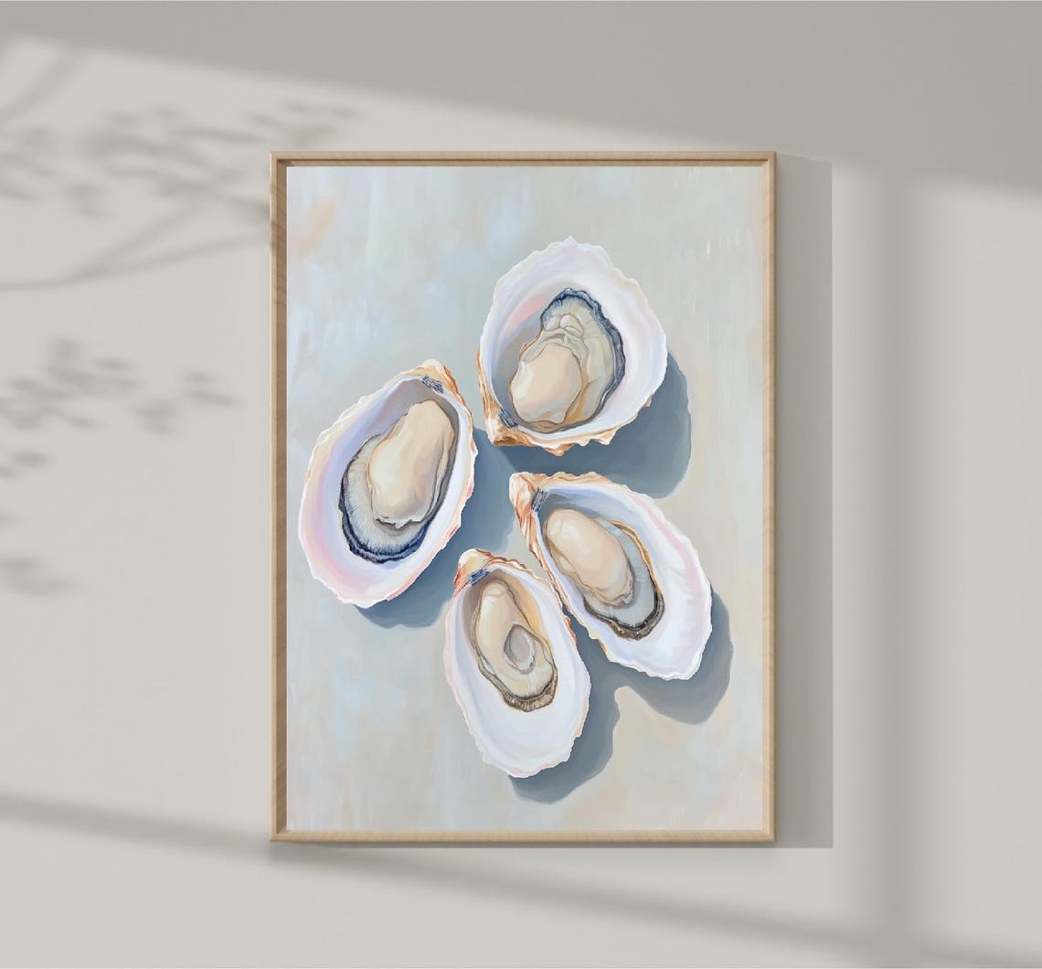 Four Oyster Shells Cream Background Minimalist Coastal Art Print