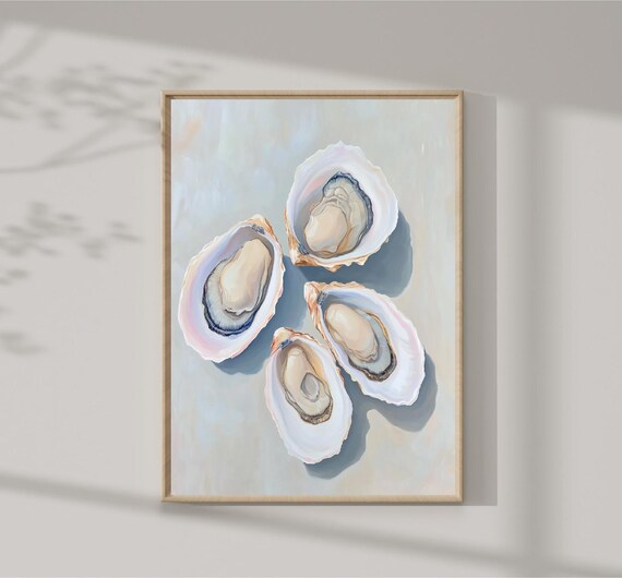 Four Oyster Shells Cream Background Minimalist Coastal Art Print