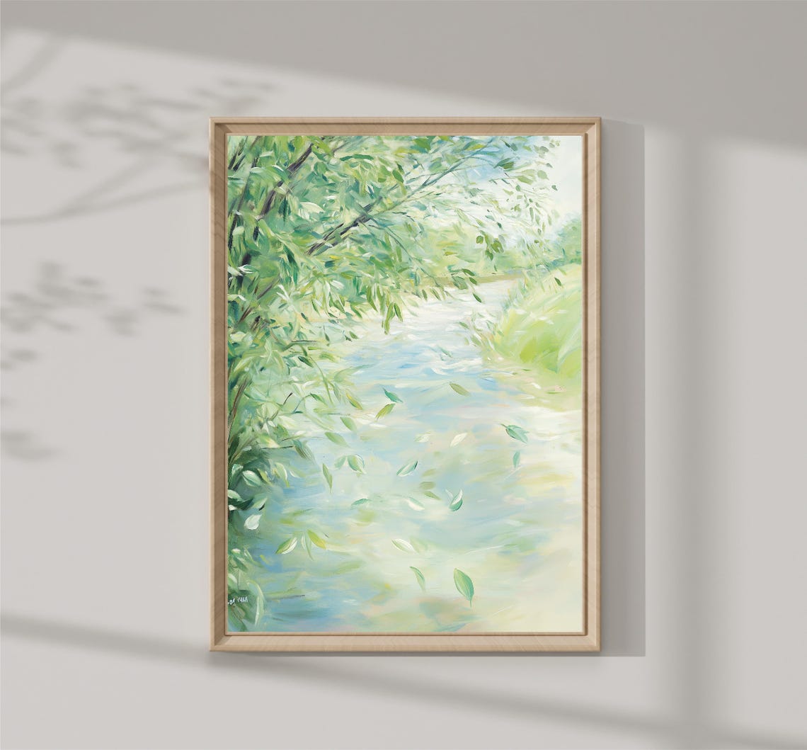 Summer Willow Riverbank Falling Leaves Tranquil Green Wall Art
