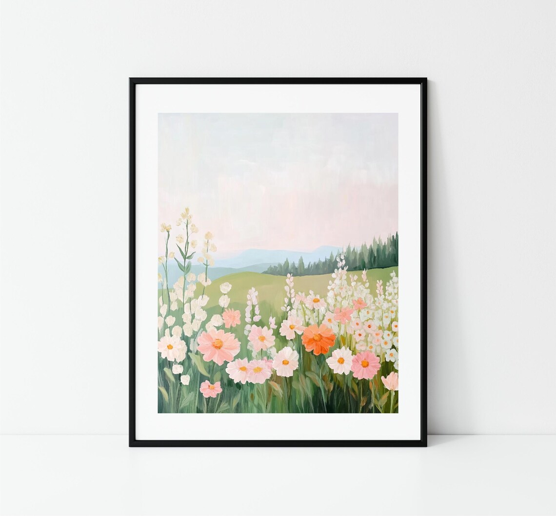 Wildflower Meadow Pastel Field Distant Hills Floral Landscape Print - Image 3