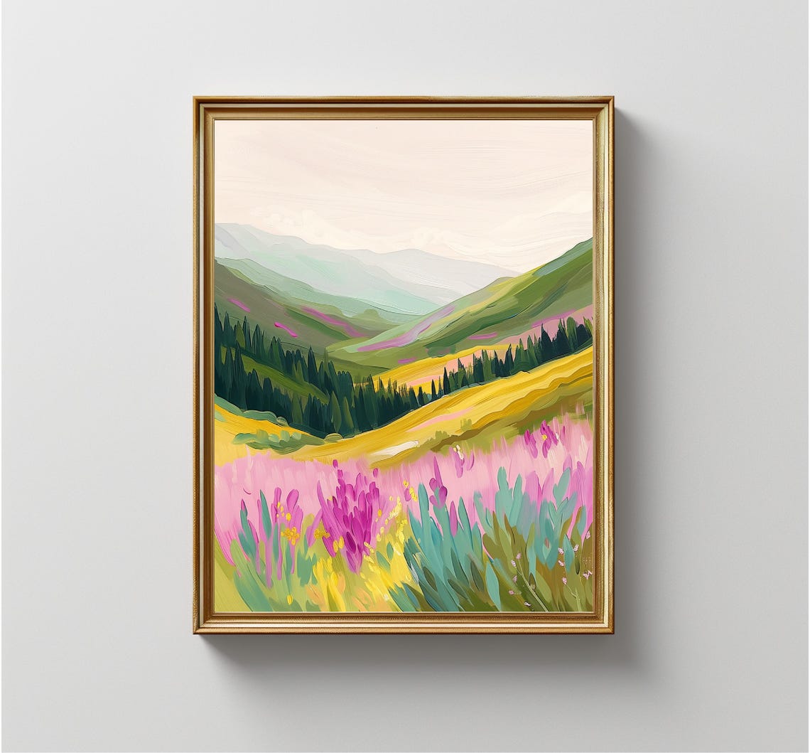 Pink Wildflower Meadow Mountain Valley Golden Hills Landscape Poster - Image 4