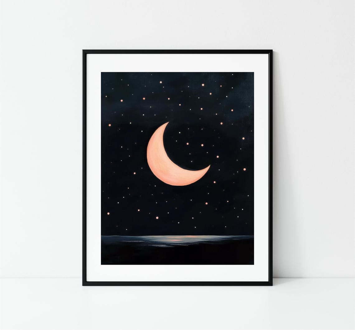 Pink Crescent Moon Starry Night Sky Over Water Celestial Poster - Image 3