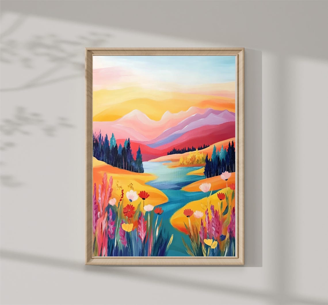 Mountain River Valley Sunset Wildflower Meadow Vivid Landscape Poster