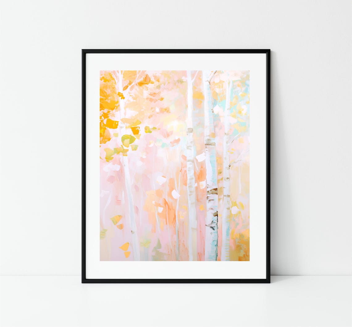 Soft Pastel Birch Tree Golden Leaves Spring Abstract Art Poster - Image 3