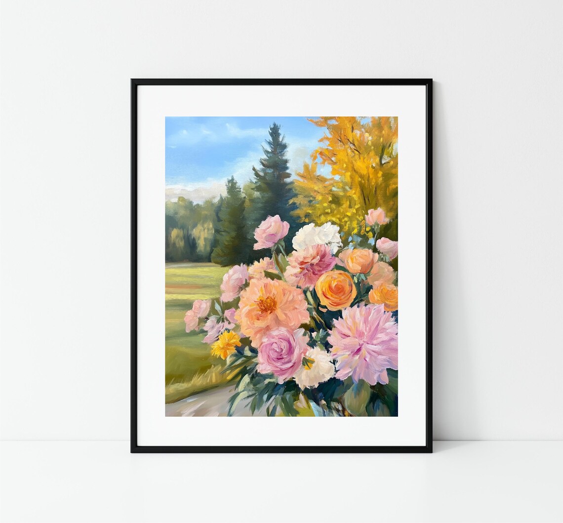 Orange Pink Dahlia Bouquet Autumn Trees Blue Sky Floral Art Print - Image 3