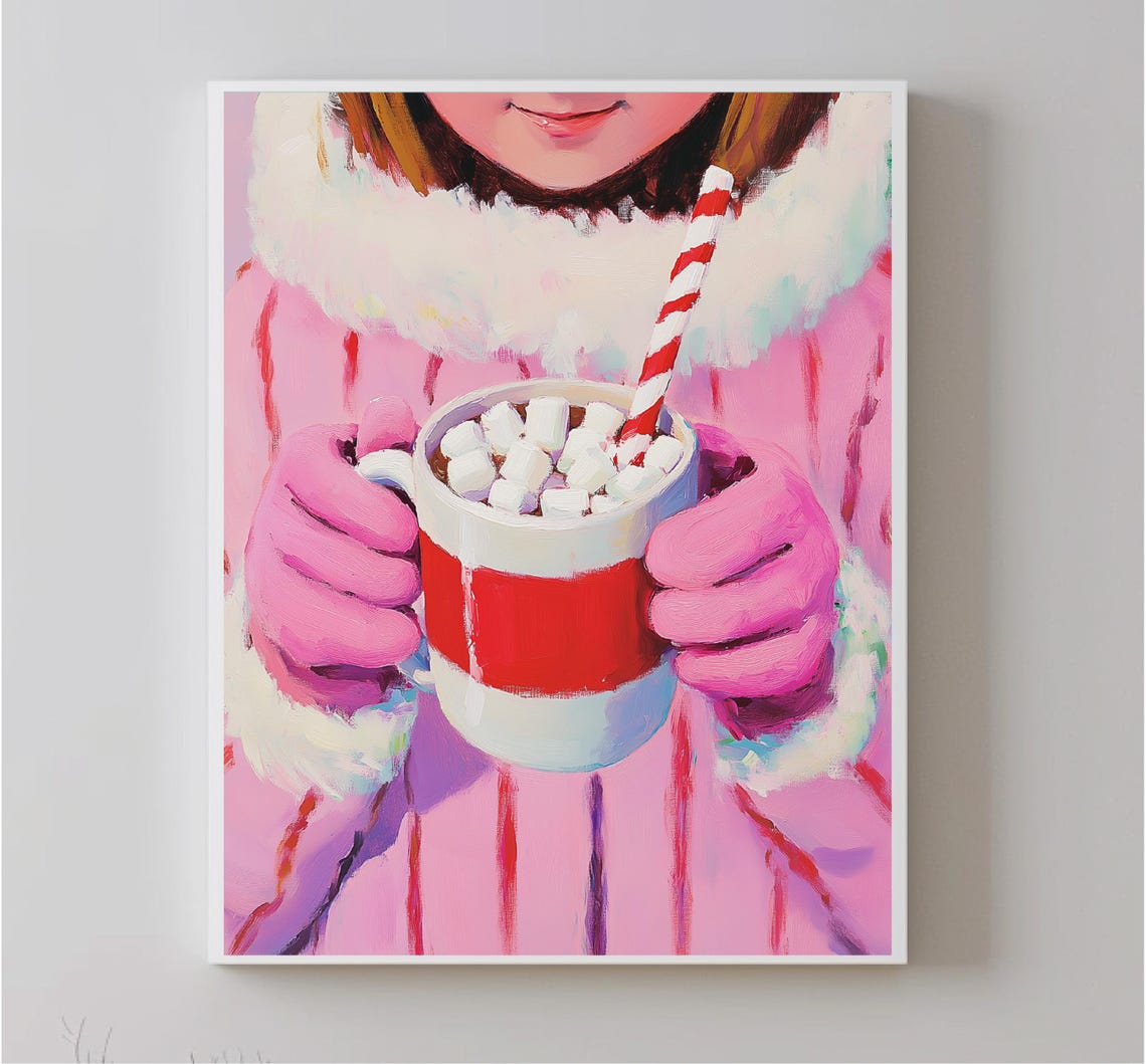Painting Of Girl With Cup Of Hot Cocoa Colourful Art Christmas Cake Decoration Christmas Cake Pink December