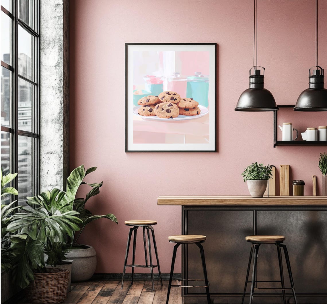 Chocolate Chip Cookies On Plate Pastel Kitchen Food Art Poster - Image 4