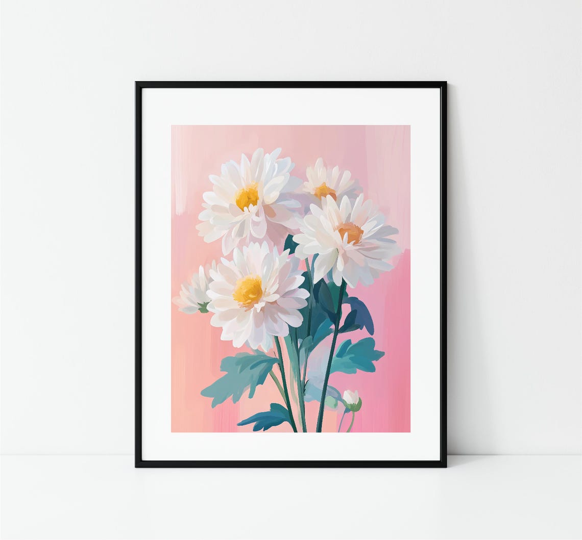 White Daisy Bouquet Yellow Centers Pink Background Floral Art Print - Image 3