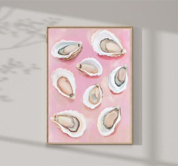 Oyster Shells On Pink Background Coastal Kitchen Art Painting Print