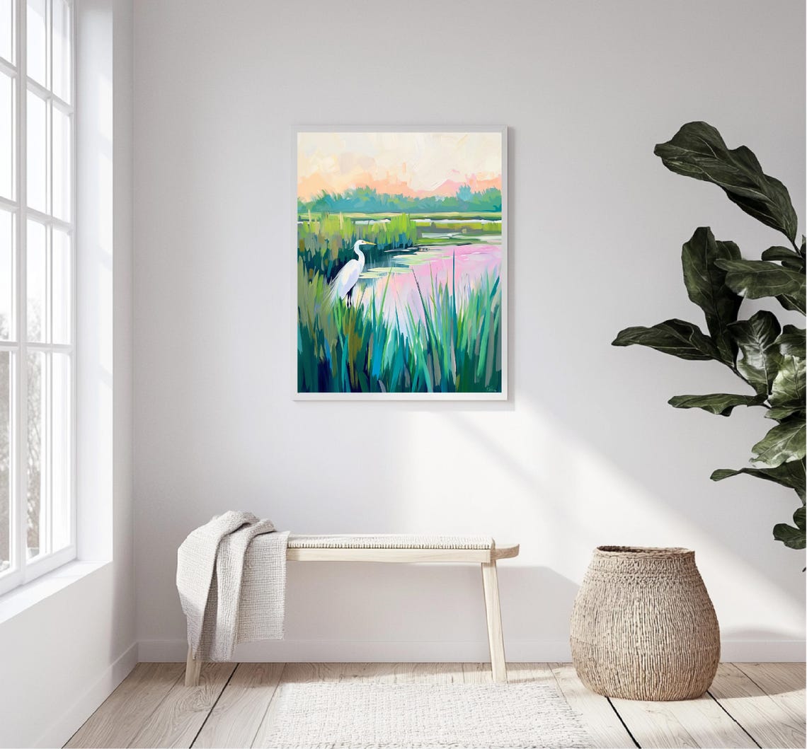 White Egret Sunset Marsh Wetlands Pink Sky Nature Painting Poster - Image 5