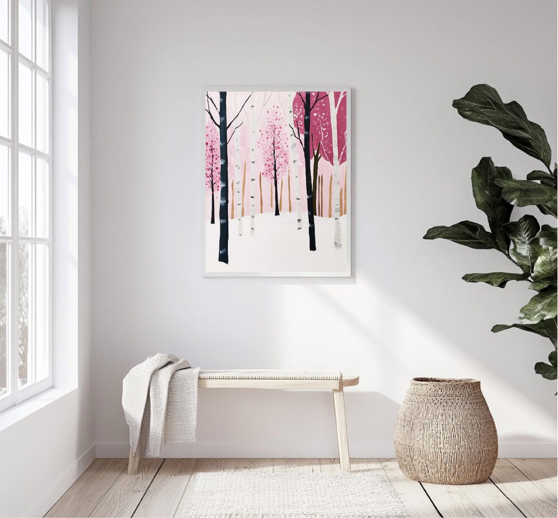 Pink Birch Forest In Snow Winter Wonderland Trees Pastel Print - Image 5