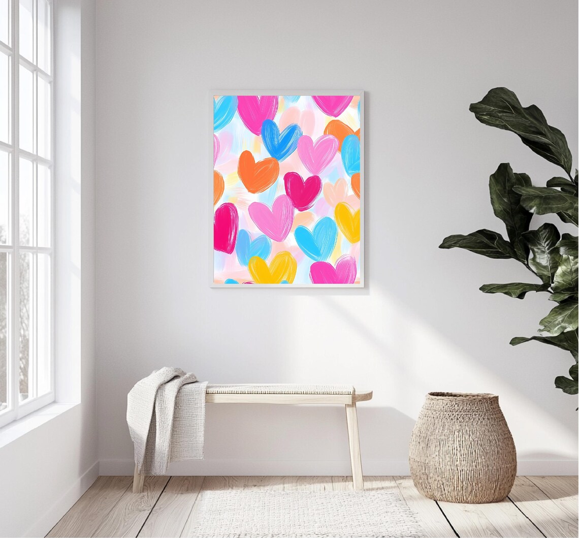 Colorful Hearts Pattern Brushstroke Pink Blue Orange Love Art Print - Image 5