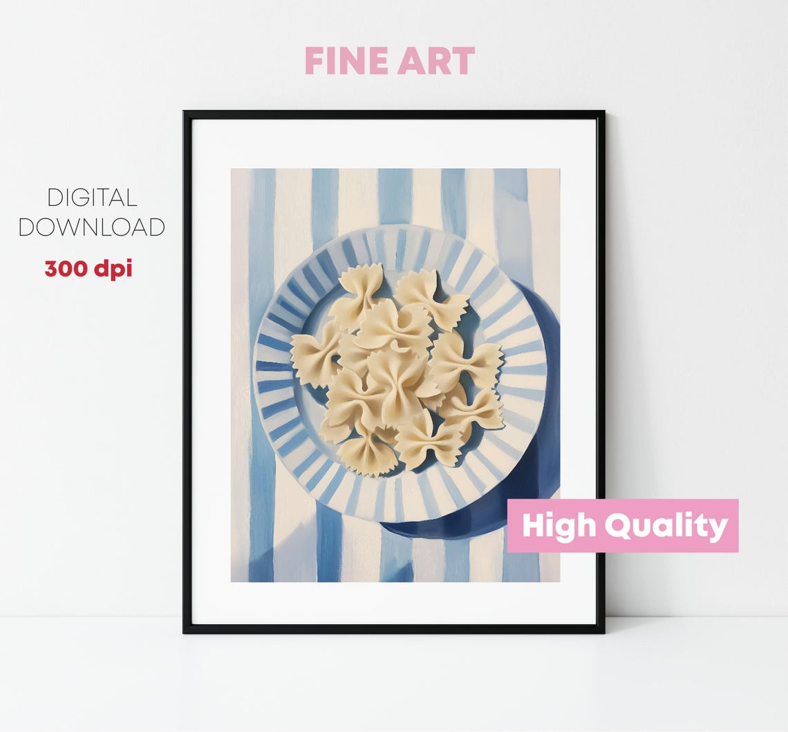 Farfalle Pasta On Blue Striped Plate Top Down Kitchen Art Poster - Image 2