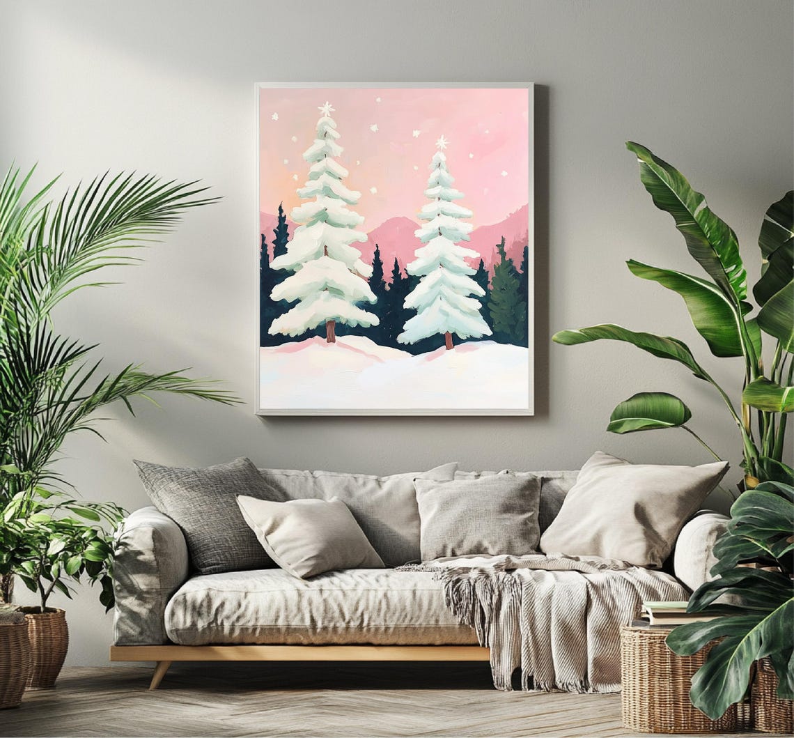 Snowy Pink Christmas Trees With Stars Winter Landscape Art Poster - Image 3