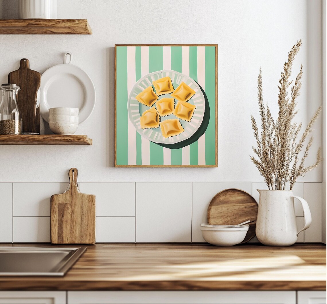 Ravioli On Striped Plate Green Background Italian Kitchen Art Poster - Image 4
