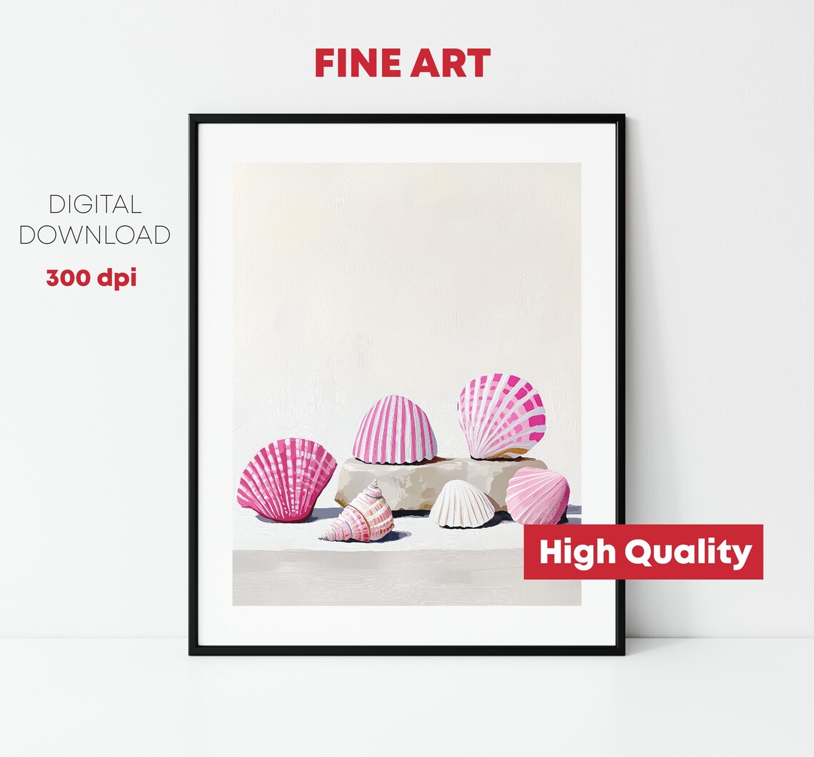 Pink Striped Scallop Shells Still Life Minimalist Beach Coastal Art Print - Image 2
