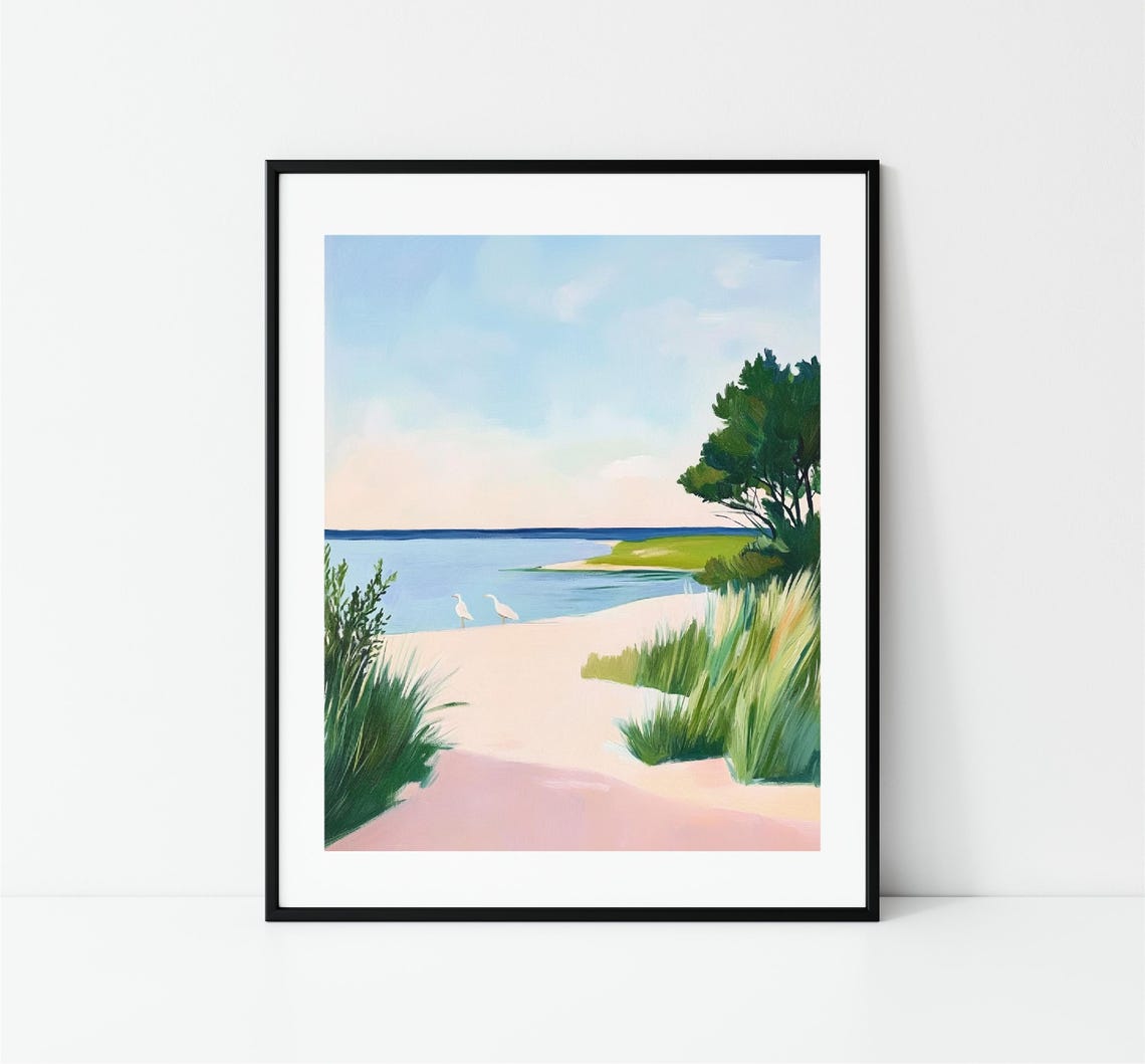 Dune Beach Path With Egrets Pastel Sea Grass Coastal Walk Print - Image 3