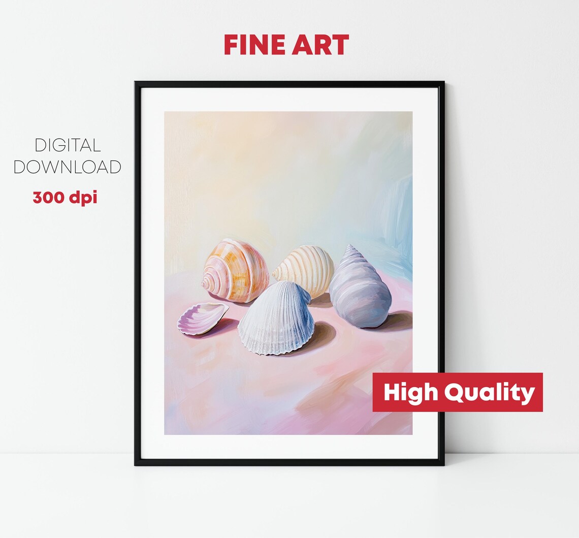 Pastel Seashells On Pink Table Beach Coastal Shells Still Life Art Print - Image 2