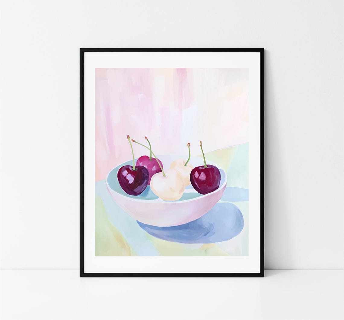 Bowl Of Red And White Cherries Pastel Still Life Kitchen Print - Image 3