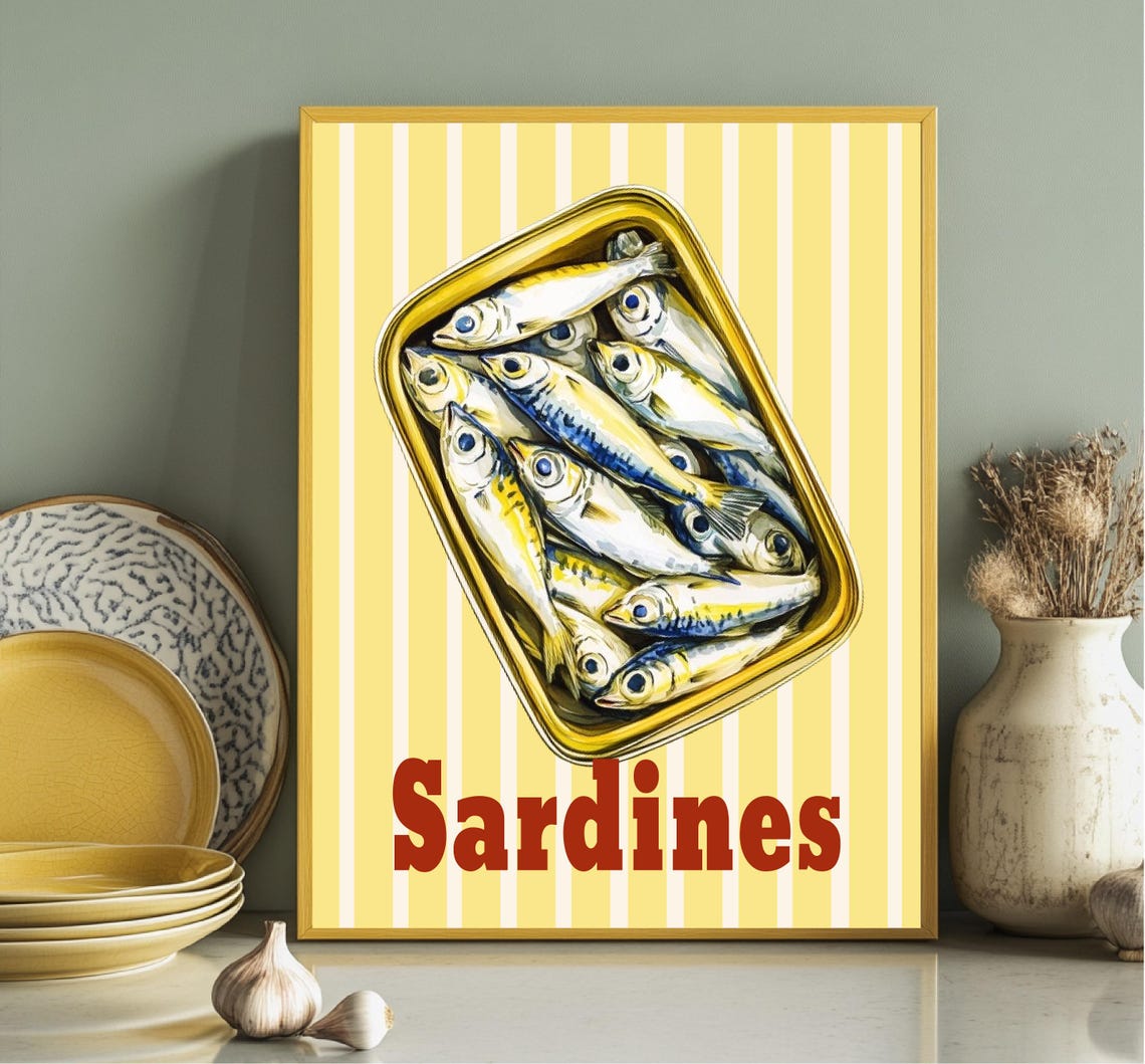 Sardines Tin Illustration Yellow Striped Background Kitchen Poster - Image 6