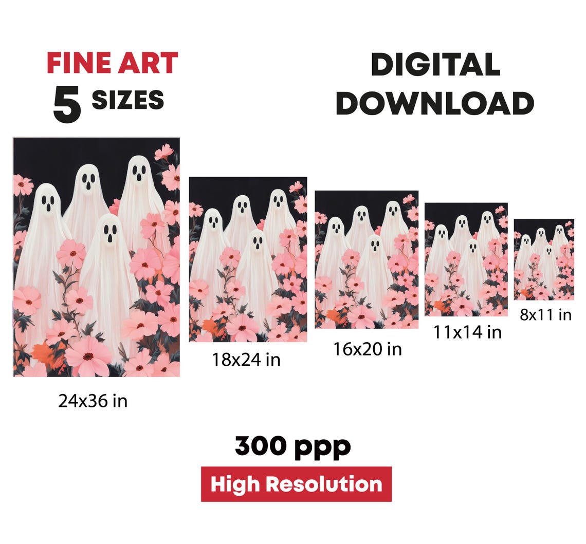 Cute White Ghosts Pink Flowers Black Background Halloween Poster - Image 4