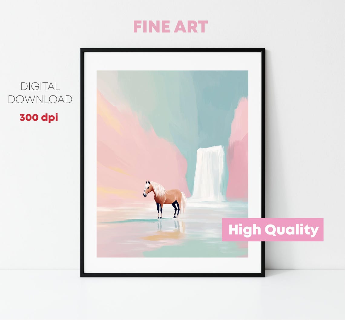 Horse Standing By Waterfall Dreamy Pastel Pink Nursery Wall Art - Image 3