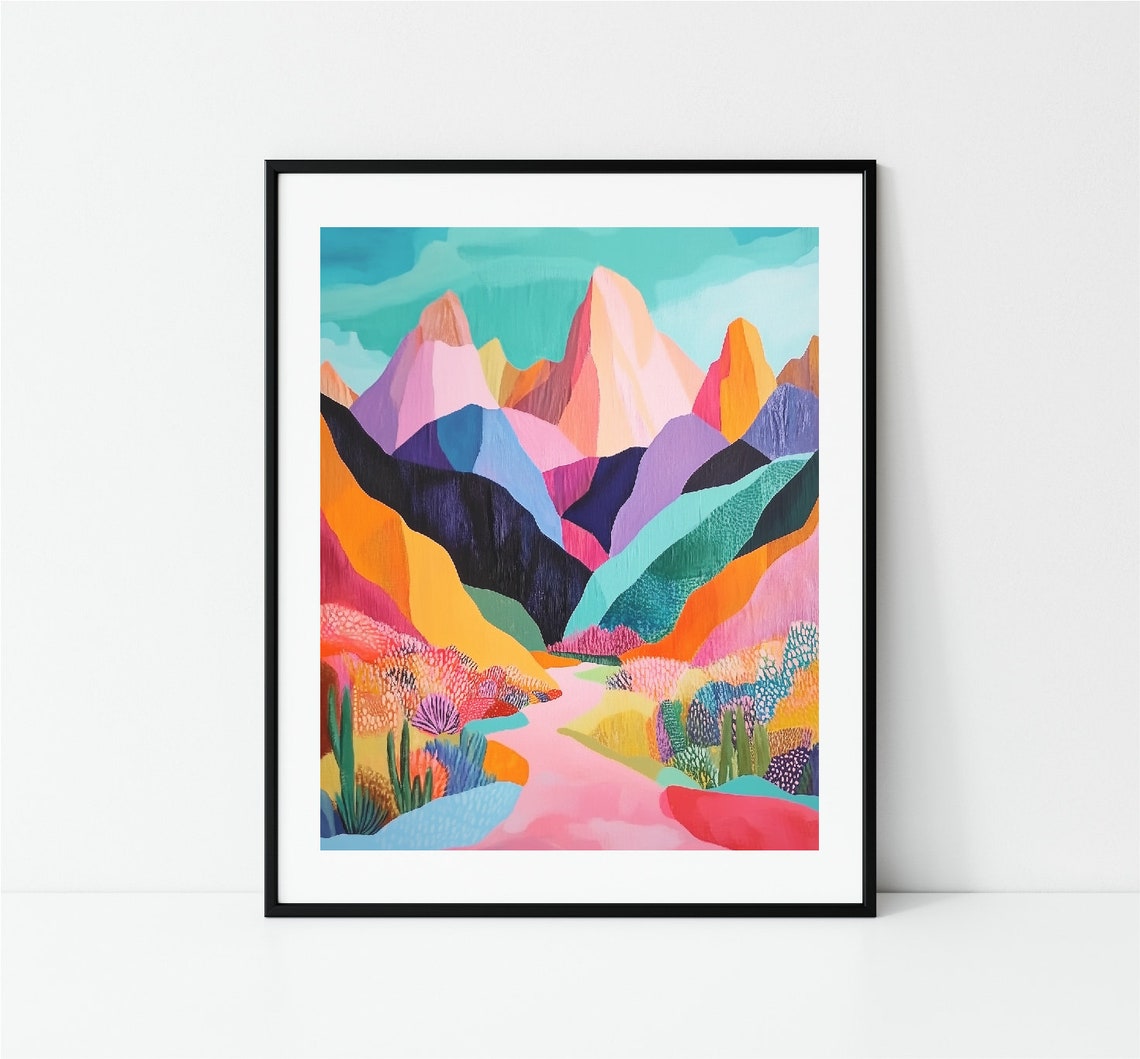 Vibrant Abstract Mountain Valley Pink Path Landscape Wall Art - Image 3