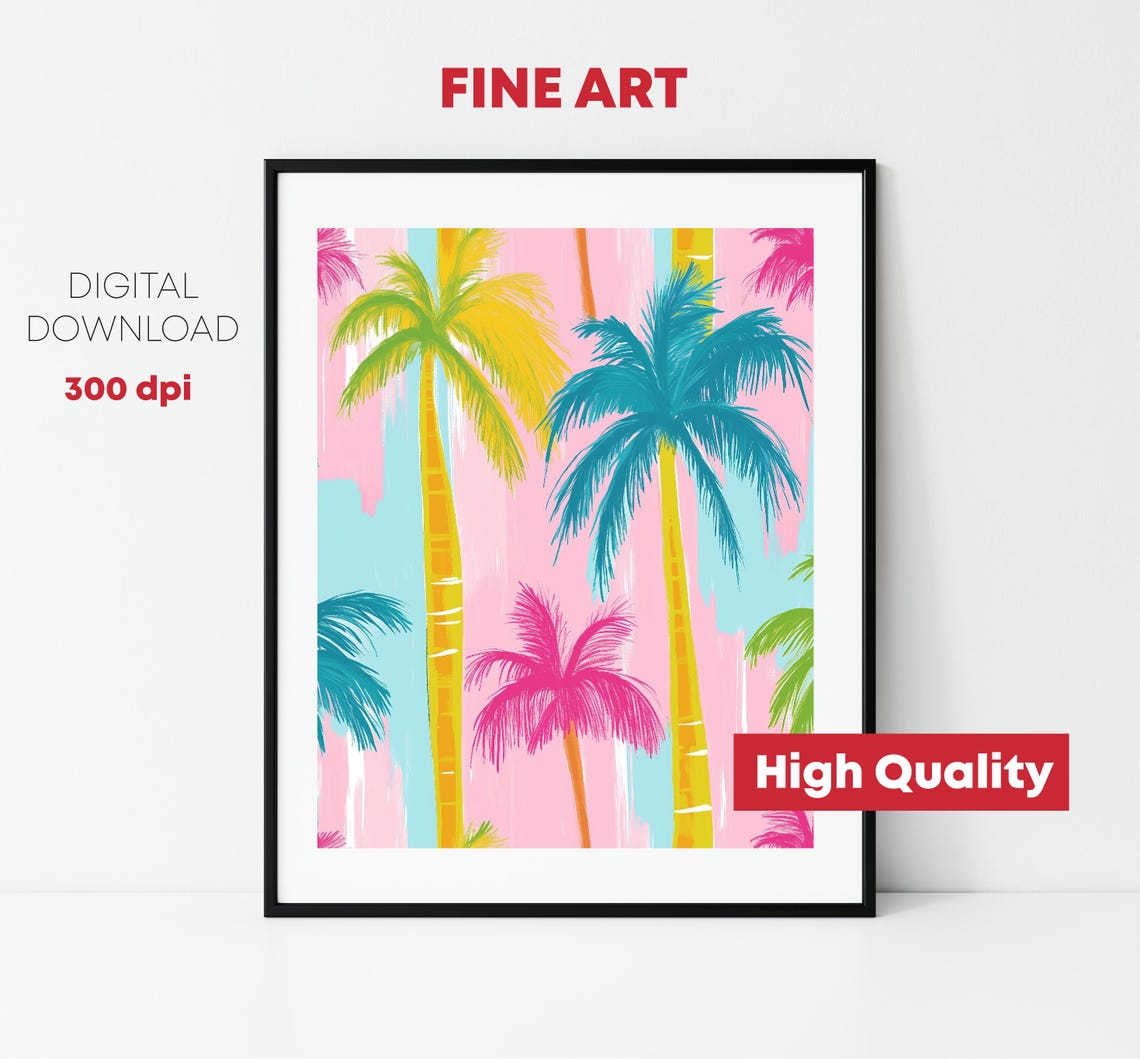 Neon Palm Trees Pink Background Tropical Retro Pop Art Print - Image 2