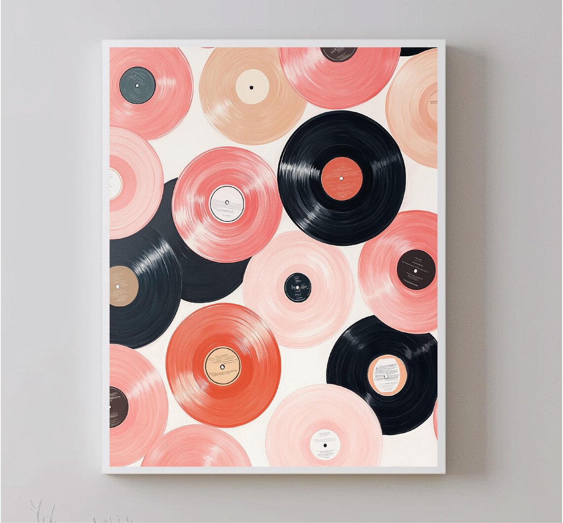 Vinyl Records Painting Pink Black Cream Music Collector Wall Art
