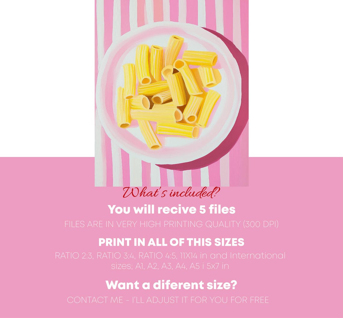 Rigatoni Pasta On Pink Striped Plate Playful Kitchen Food Art Poster - Image 4