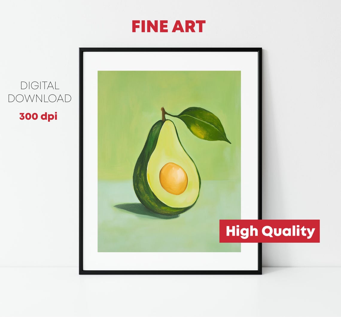 Halved Avocado Green Background Kitchen Fruit Painting Wall Art - Image 2