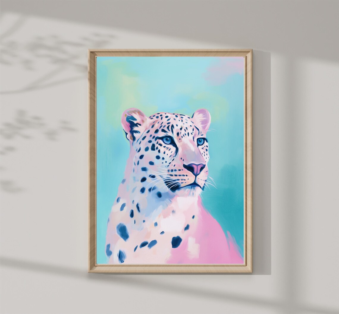 Pink Leopard Portrait Spotted Big Cat Teal Background Animal Wall Art