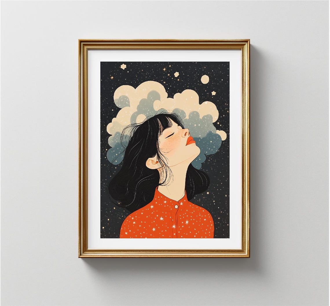Dreamy Woman Gazing At Starry Night Sky Cloud Illustration Print - Image 3