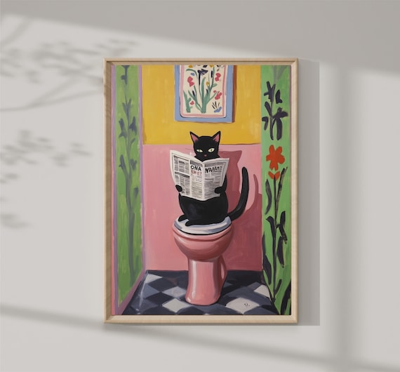 Black Cat Reading Newspaper On Pink Toilet Funny Bathroom Print