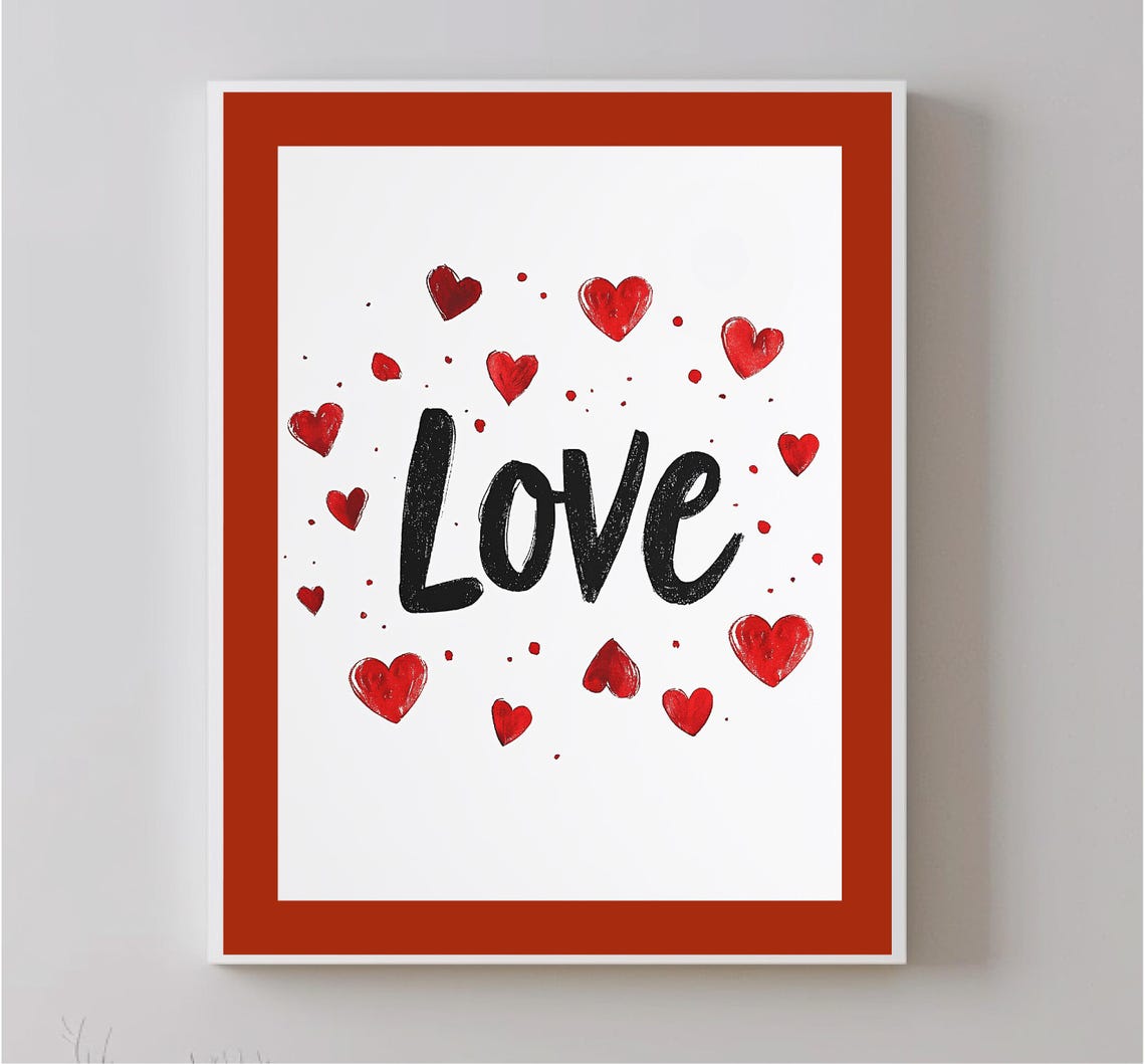 Bold Love Script Typography Red Watercolor Hearts White Poster