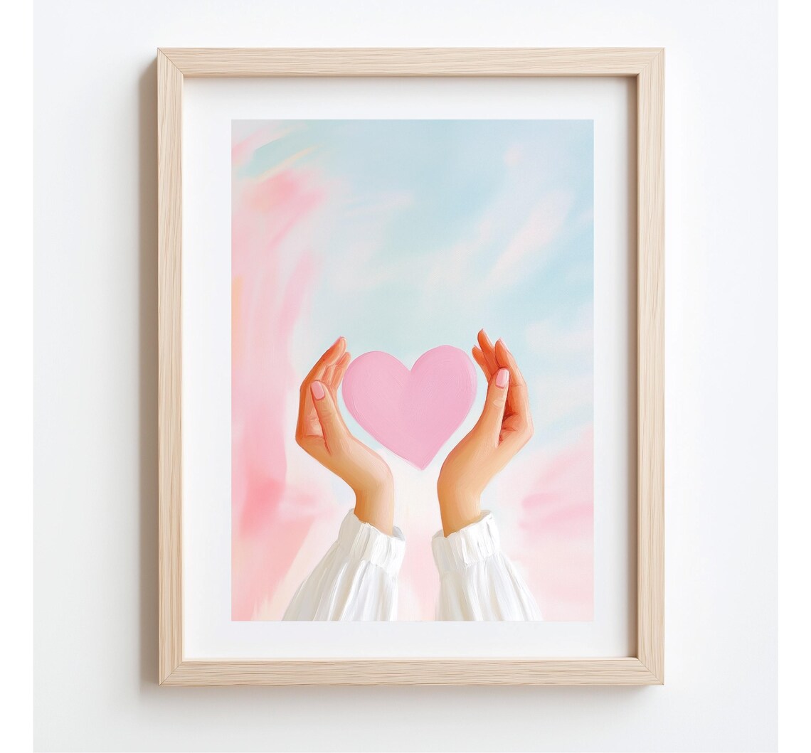 Hands Holding Pink Heart Pastel Watercolor Sky Love Wall Art Poster - Image 3