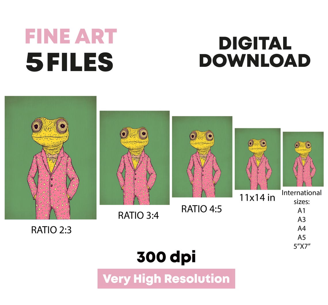 Retro Anthropomorphic Chameleon With Cute Pajamas Wall Art Retro Animal Watercolor Trending - Image 4
