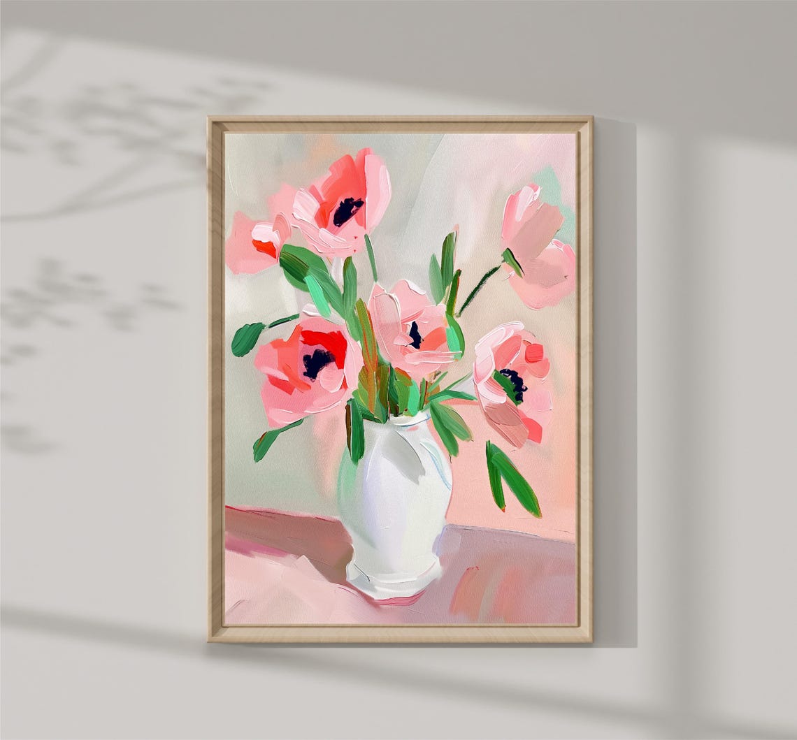 Pink Anemones Bouquet White Vase Impressionist Floral Painting Print