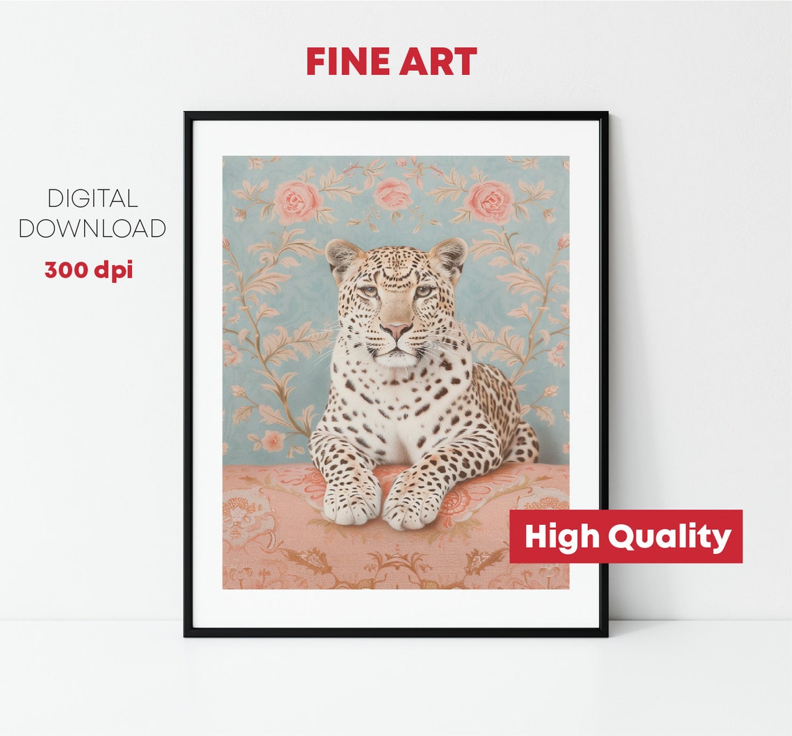 Leopard Portrait With Vintage Pink Roses Floral Maximalist Wall Art - Image 2