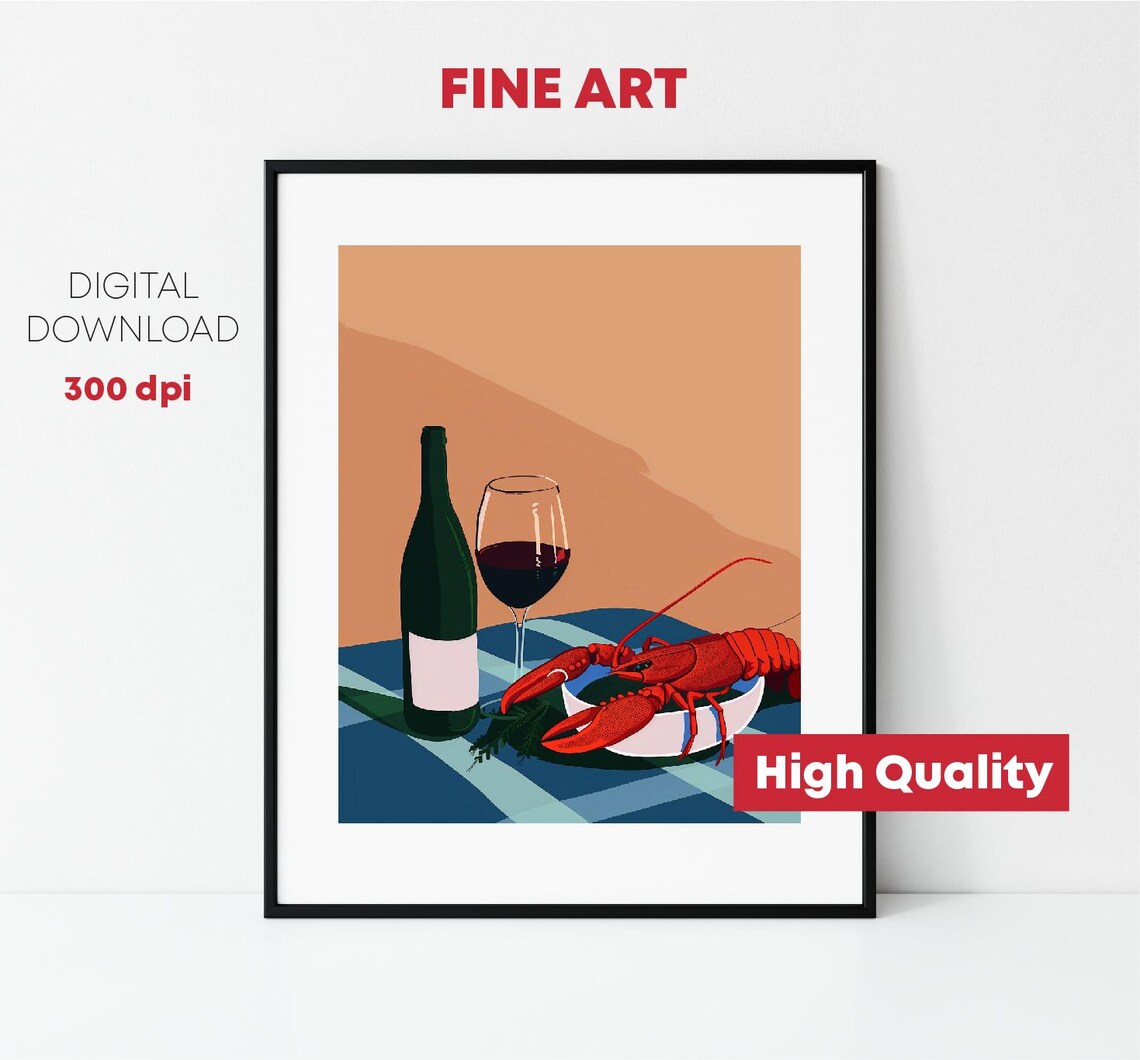 Red Wine And Lobster Abstract Art Poster Instant For Kitchen Decor Art Print - Image 2