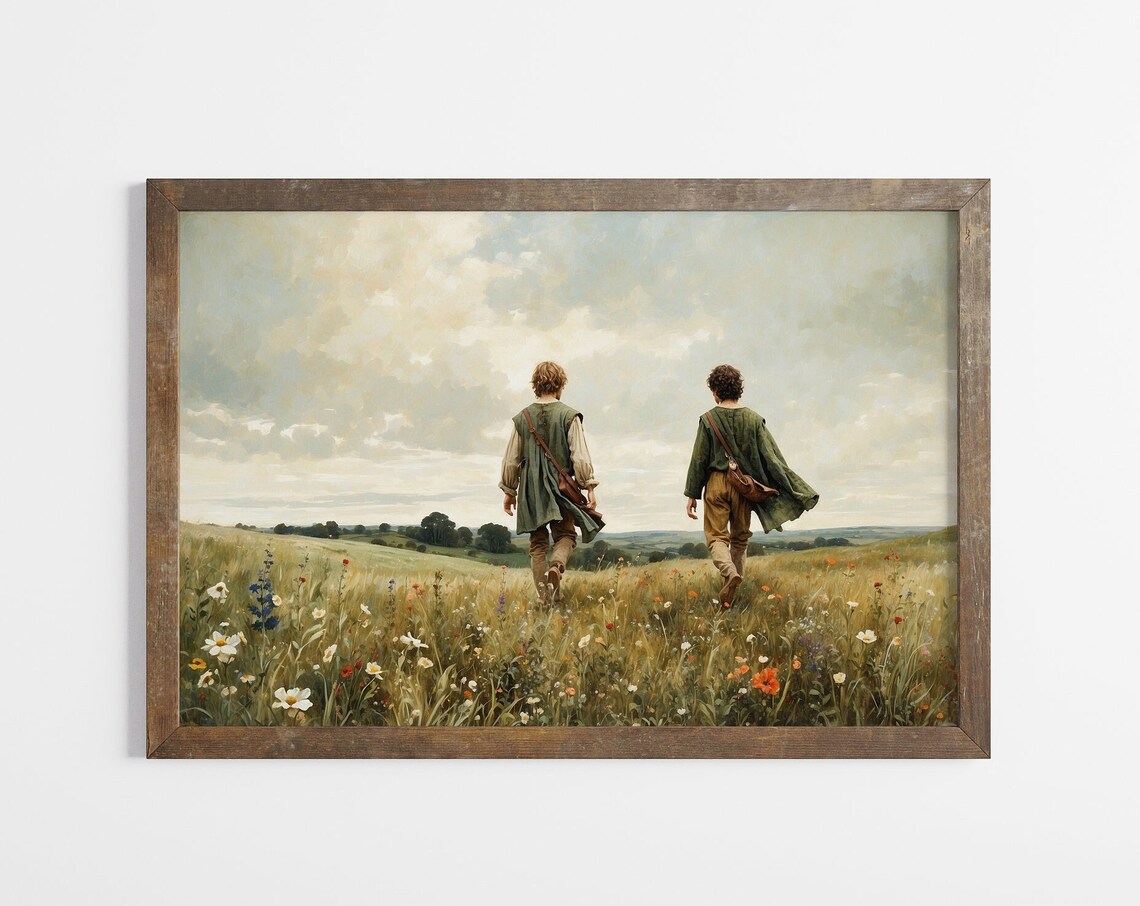 Two Travelers Walking Through Wildflower Meadow Vintage Oil Poster