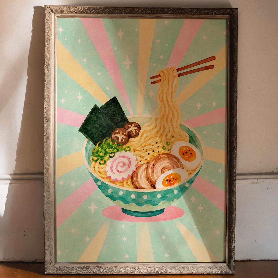 Ramen Bowl Pastel Sunburst Whimsical Noodle Kitchen Foodie Poster