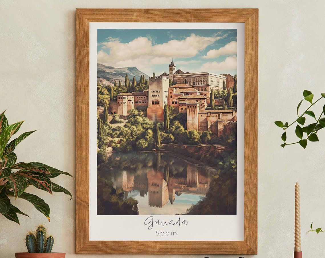 Granada Spain Alhambra Palace Reflection Watercolor Travel Poster