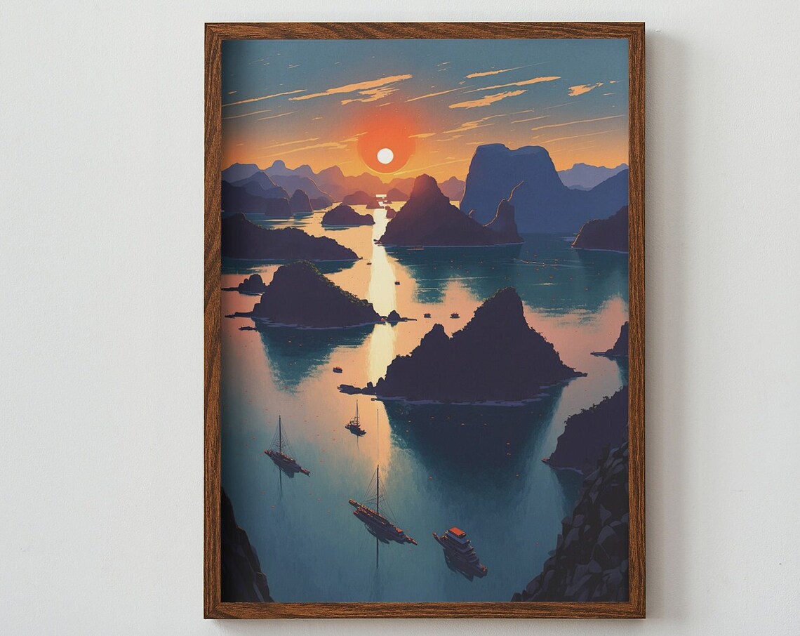 Ha Long Bay Vietnam Sunset Limestone Islands Boat Travel Poster