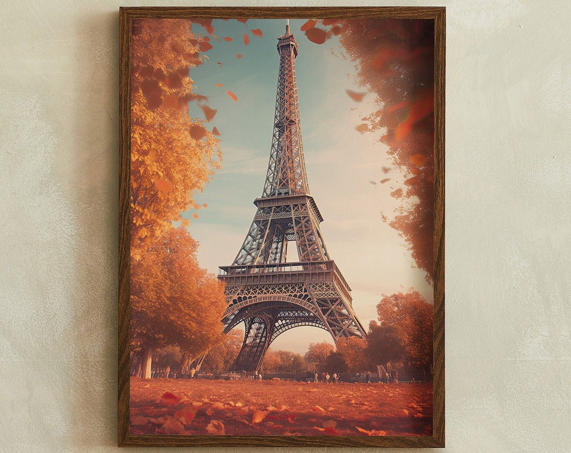Eiffel Tower Paris Autumn Golden Falling Leaves Photographic Poster