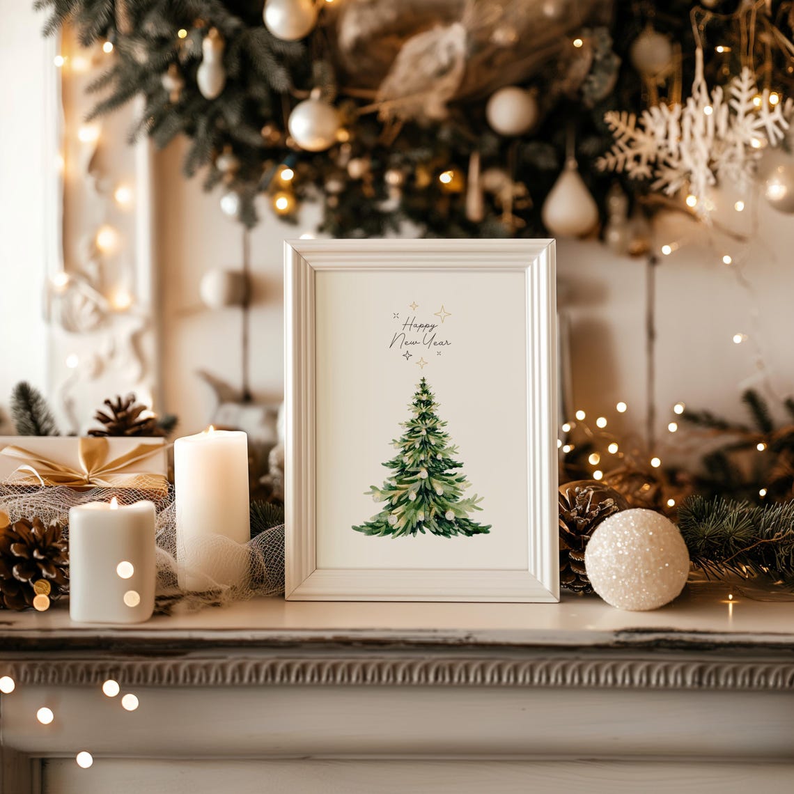 Happy New Year Watercolor Tree Minimalist Holiday Print Gift - Image 3