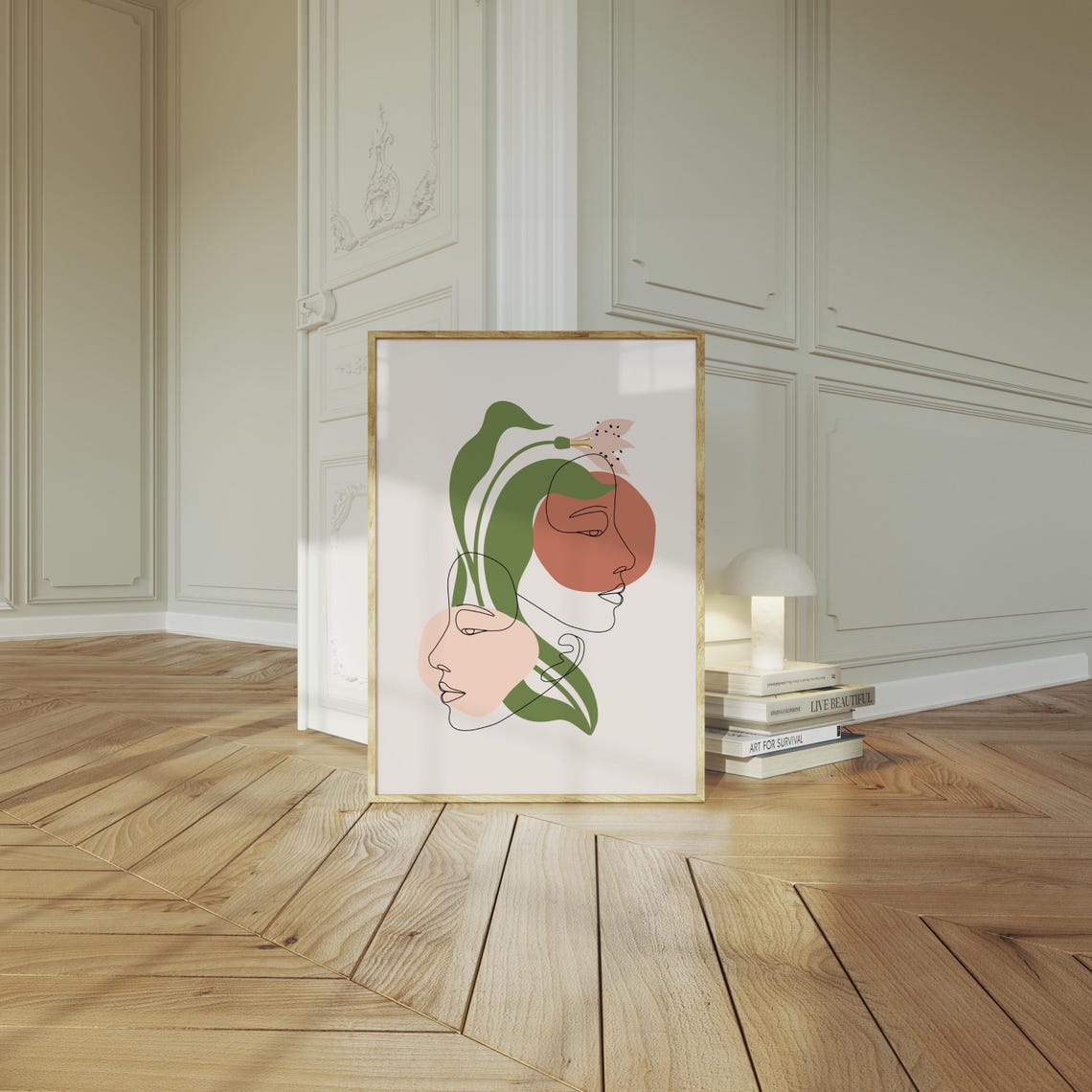 Boho Floral Line Drawing Faces Green Leaves Minimalist Modern Poster - Image 2